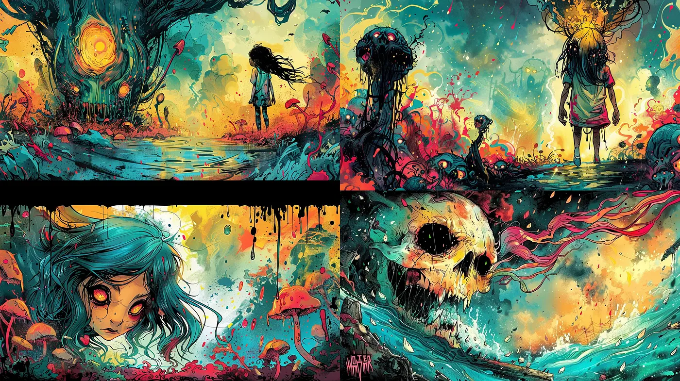 Psychedelic Dreamscapes: A Vibrant Fusion of Surrealism and Comic Art - Midjourney sref style