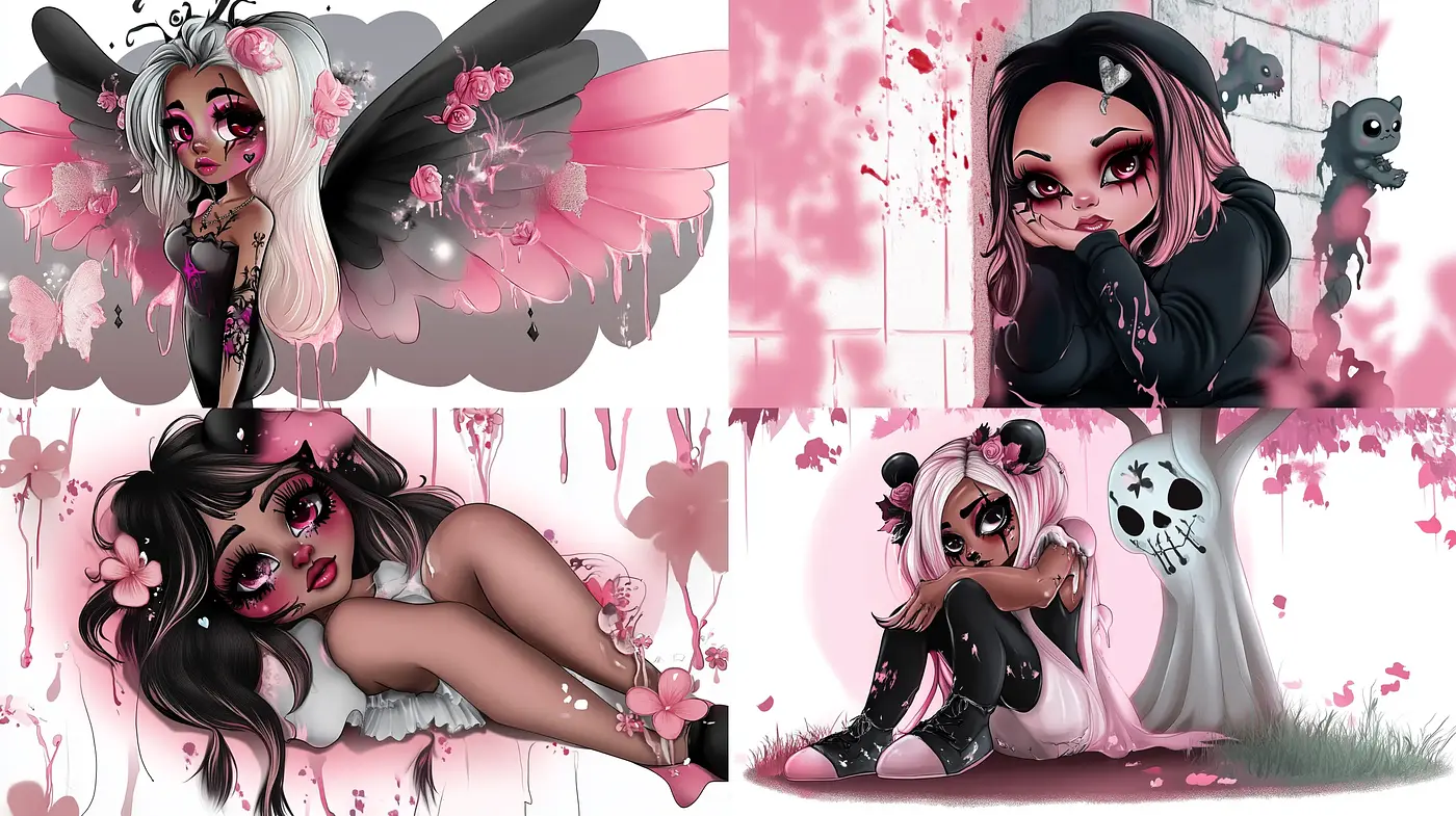 Enigmatic Pink Noir: A Whimsical Fusion of Gothic and Magical Realism - Midjourney sref style