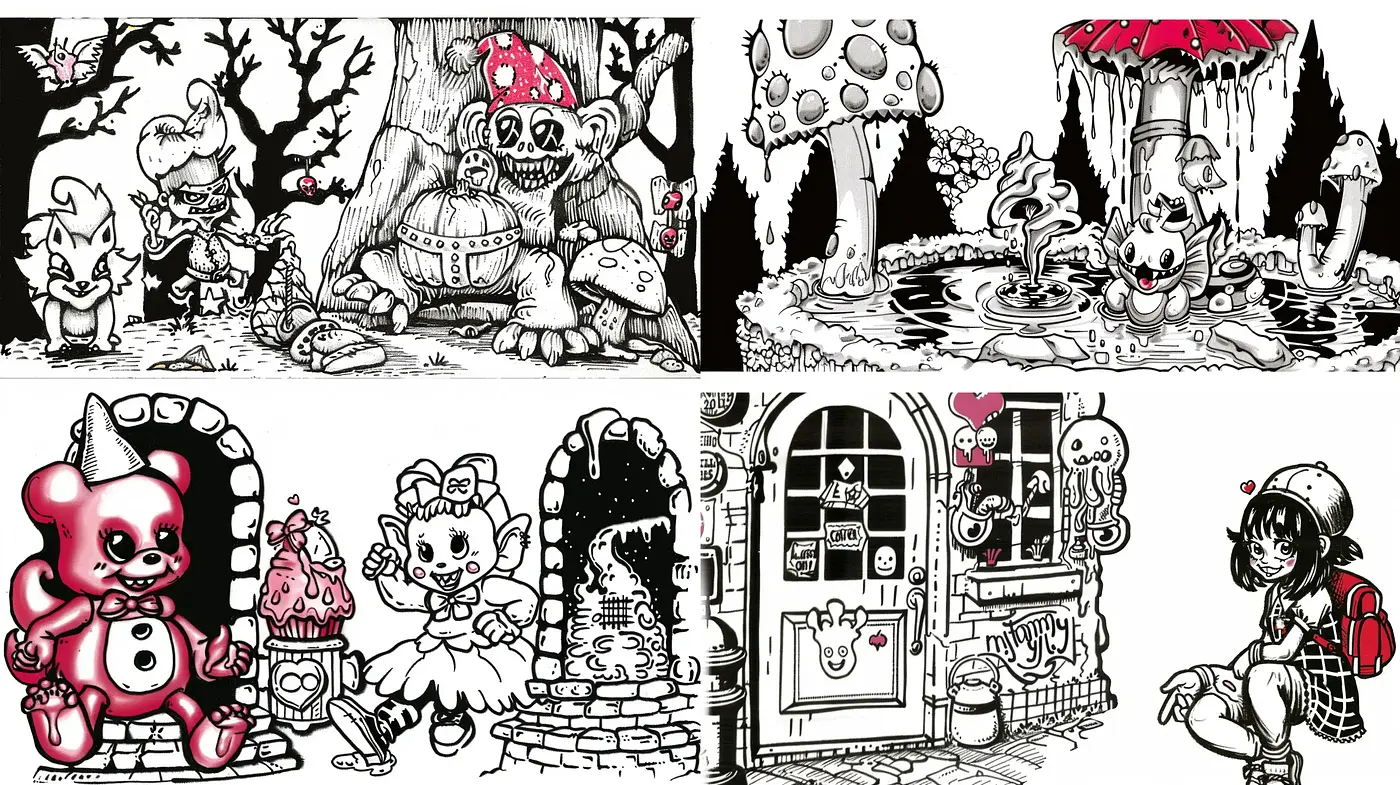 Whimsical Monochromatic Storybook Illustrations - Midjourney sref style