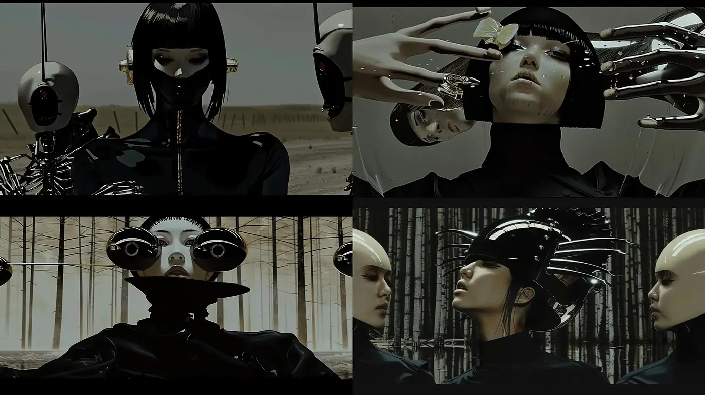 Futuristic Noir Synthesis: A Meld of Bleak Cybernetic Imagery with a Cinematic Tone - Midjourney sref style