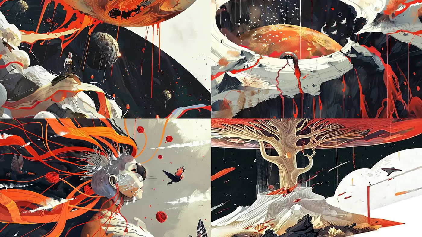 Dynamic Surrealism with Vivid Contrast and Fluid Textures - Midjourney sref style