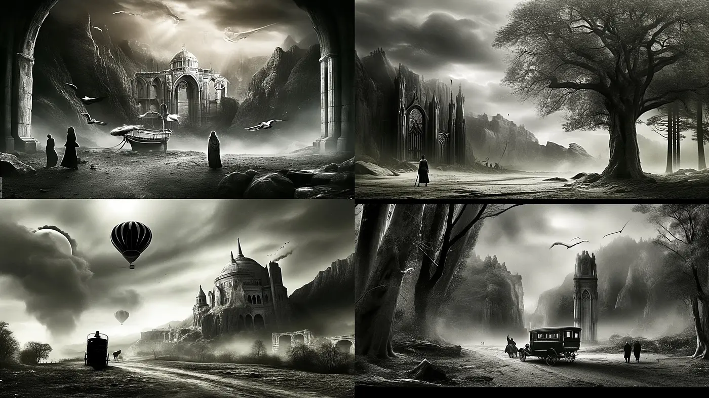 Ethereal Monochrome Dreamscape: A Homage to Timeless Gothic and Surrealist Sensibilities - Midjourney sref style