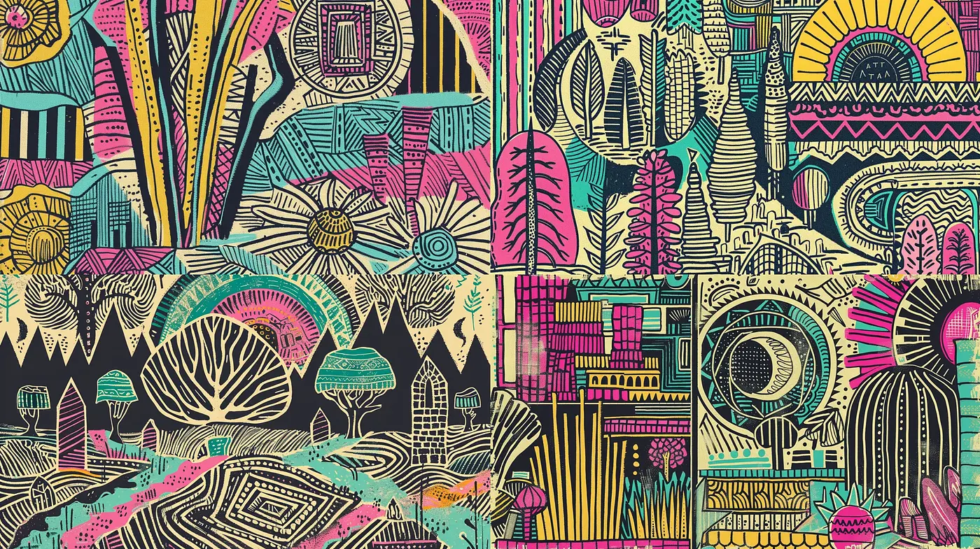 Eclectic Tapestry of Neon Hues and Intricate Patterns - Midjourney sref style
