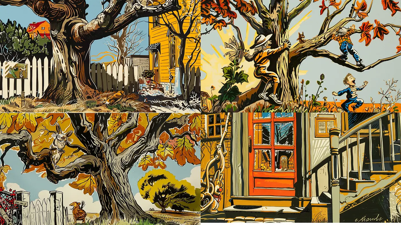 Autumnal Americana: Nostalgic and Stylized Tableaus of Suburban Life - Midjourney sref style