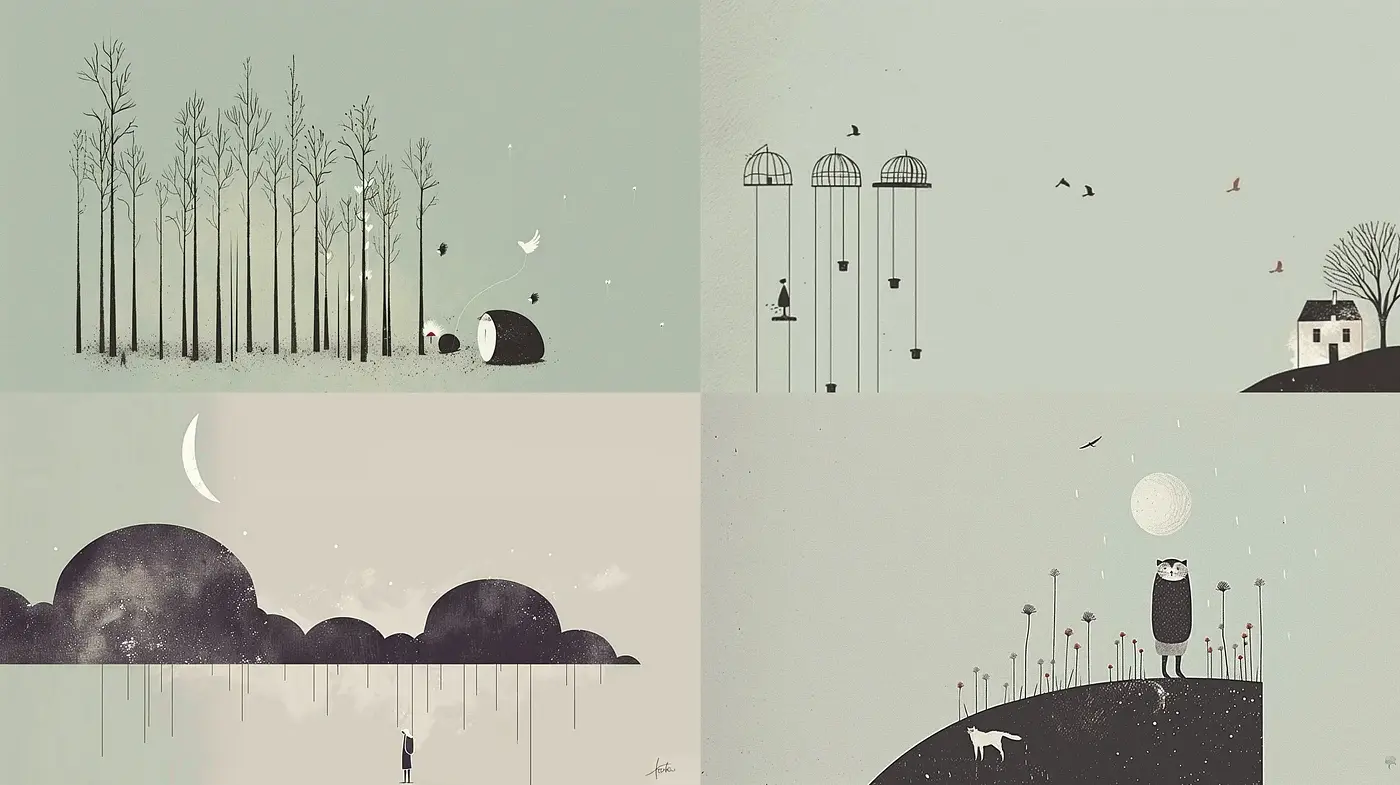 Serene Whimsy in Monochrome: A Stylized Abstract Fusion - Midjourney sref style