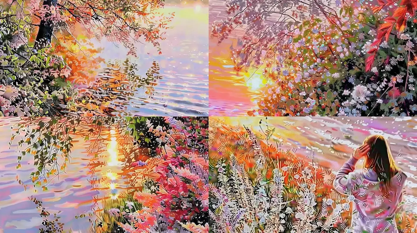 Captivating Seasonal Blossoms Amidst Reflective Waters - Midjourney sref style