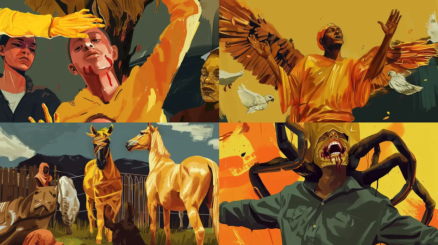 Evocative Amber Tones in Stylized Contemporary Tableaux - Midjourney sref style