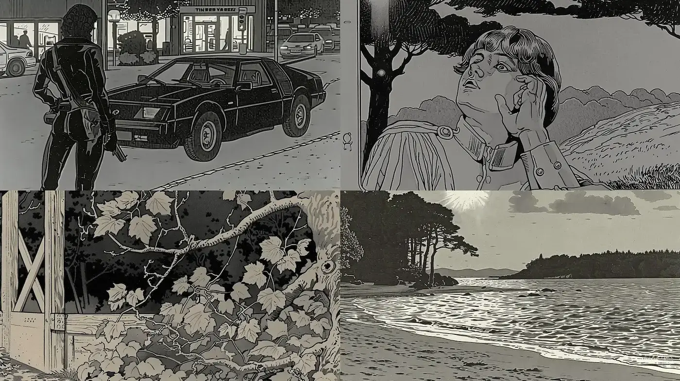 Monochromatic Nostalgia with a Graphic Novel Twist - Midjourney sref style