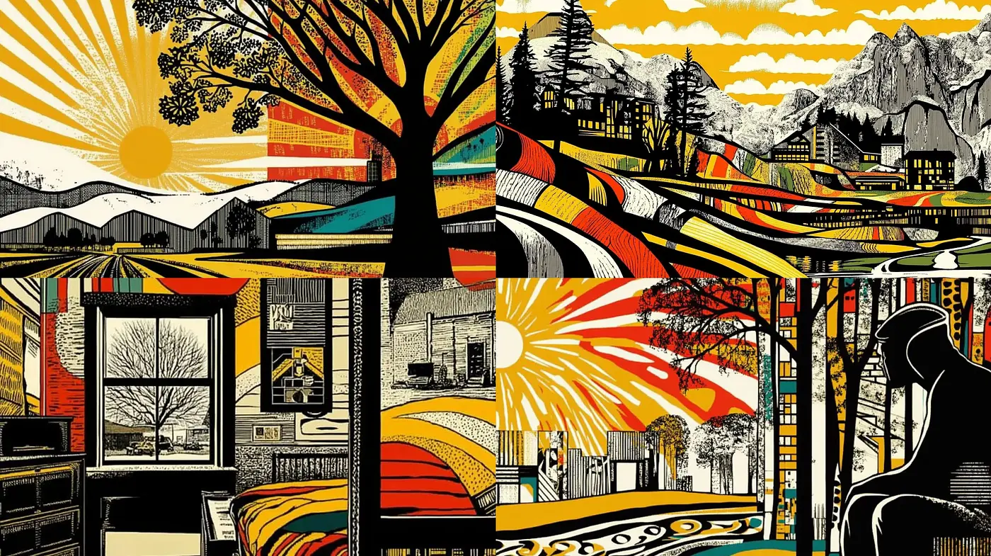 Retro Illustrative Landscape Fusion with Sunburst Motif - Midjourney sref style
