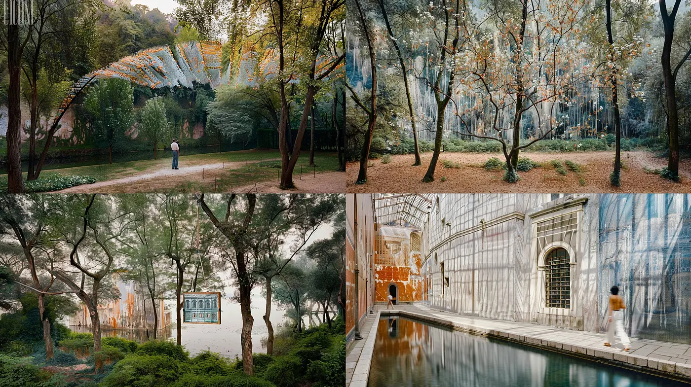 Ethereal Nature and Architecture Fusion in a Dreamlike Tableau - Midjourney sref style