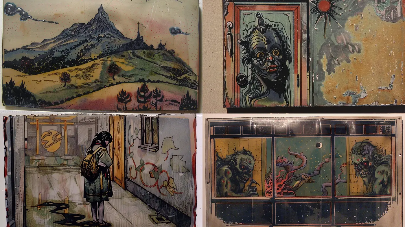 Time-Worn Tales from a Surrealist's Brush: A Fusion of Distressed Textures and Muted Hues - Midjourney sref style