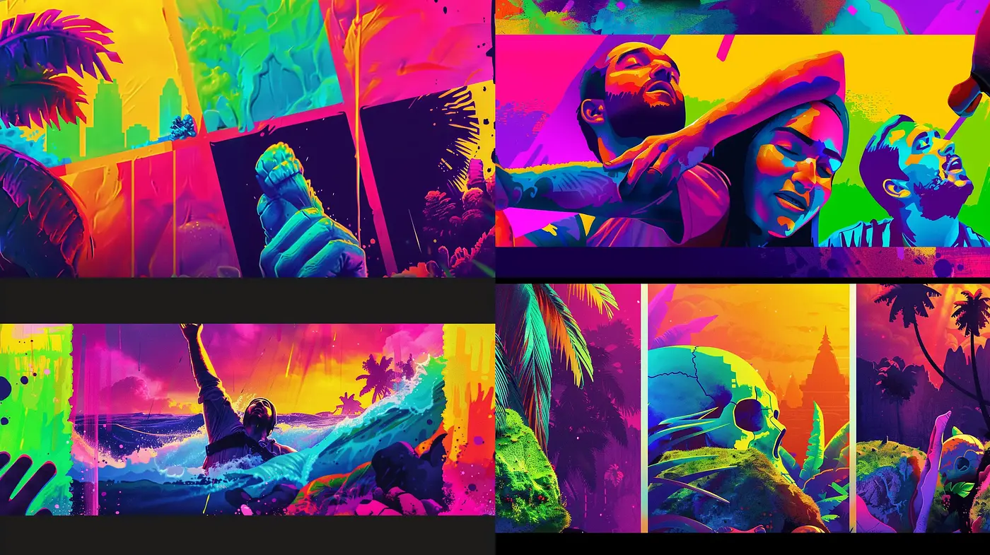 Psychedelic Dreamscape: A Vibrant Fusion of Neon Hues and Surrealist Imagery - Midjourney sref style