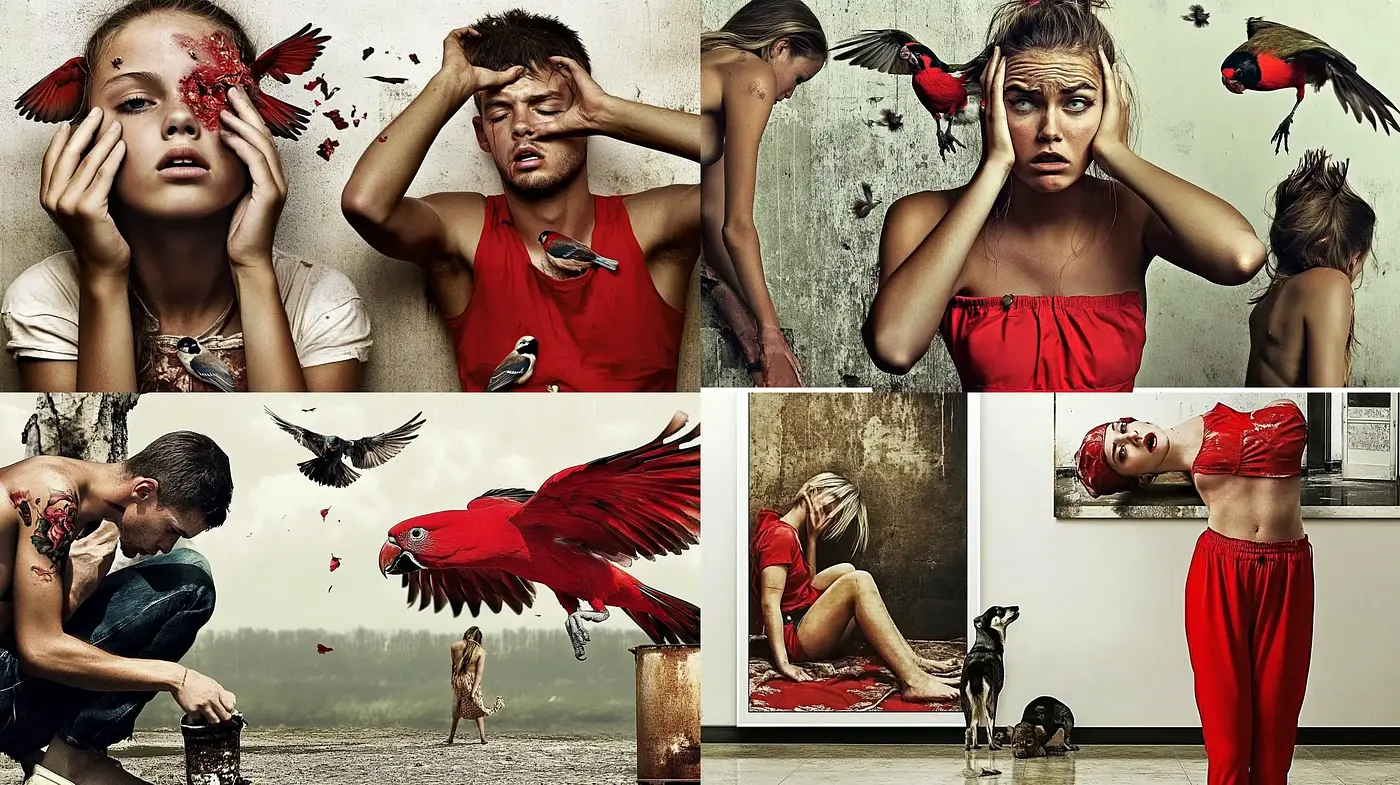 Surrealist Emotive Tableaux with Vivid Avian Motifs - Midjourney sref style