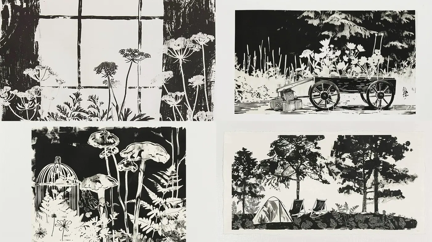 Monochromatic Contrast of Nature in Stylized Ink - Midjourney sref style