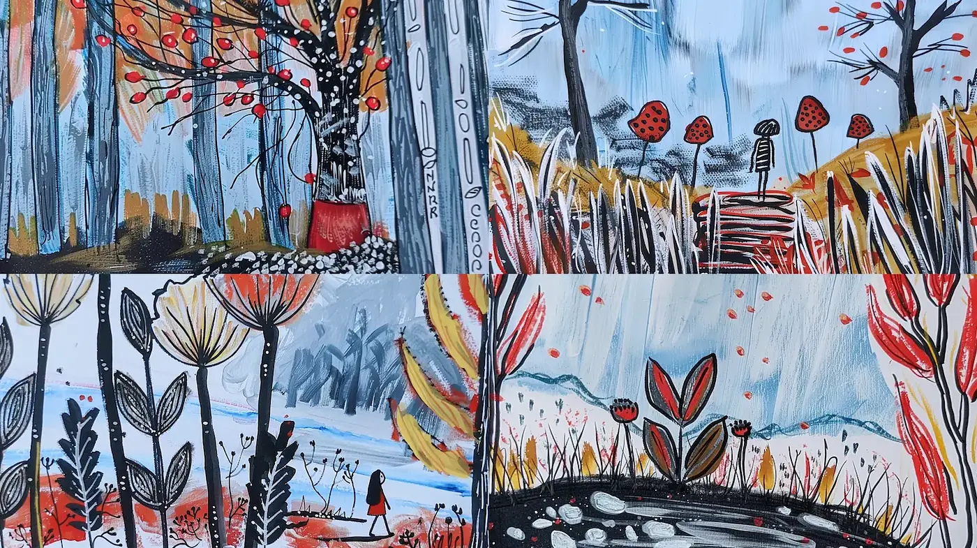 Whimsical Illustrations with a Playful Palette and Nature Themes - Midjourney sref style