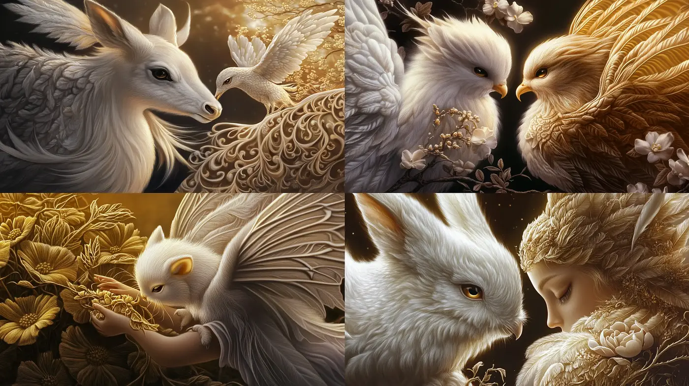 Golden Ethereal Bestiary: A Study in Mythical Elegance and Luminance - Midjourney sref style