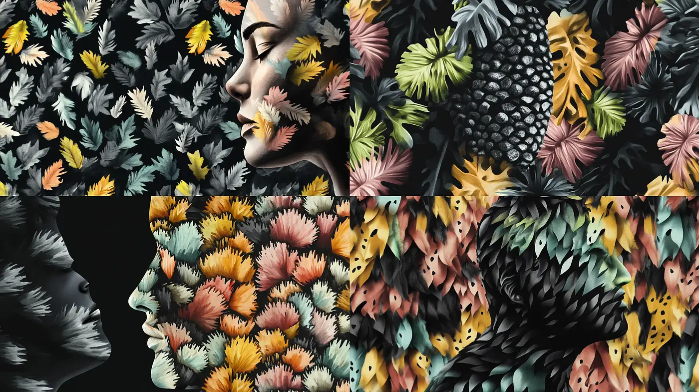 Botanical Serenity in Noir – A Study in Nature's Tranquility Blended with Human Contemplation - Midjourney sref style