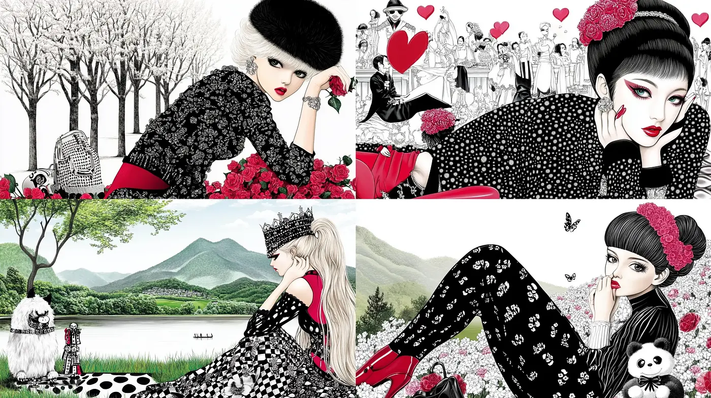 Enchanting Monochrome Elegance with Whimsical Color Splashes - Midjourney sref style