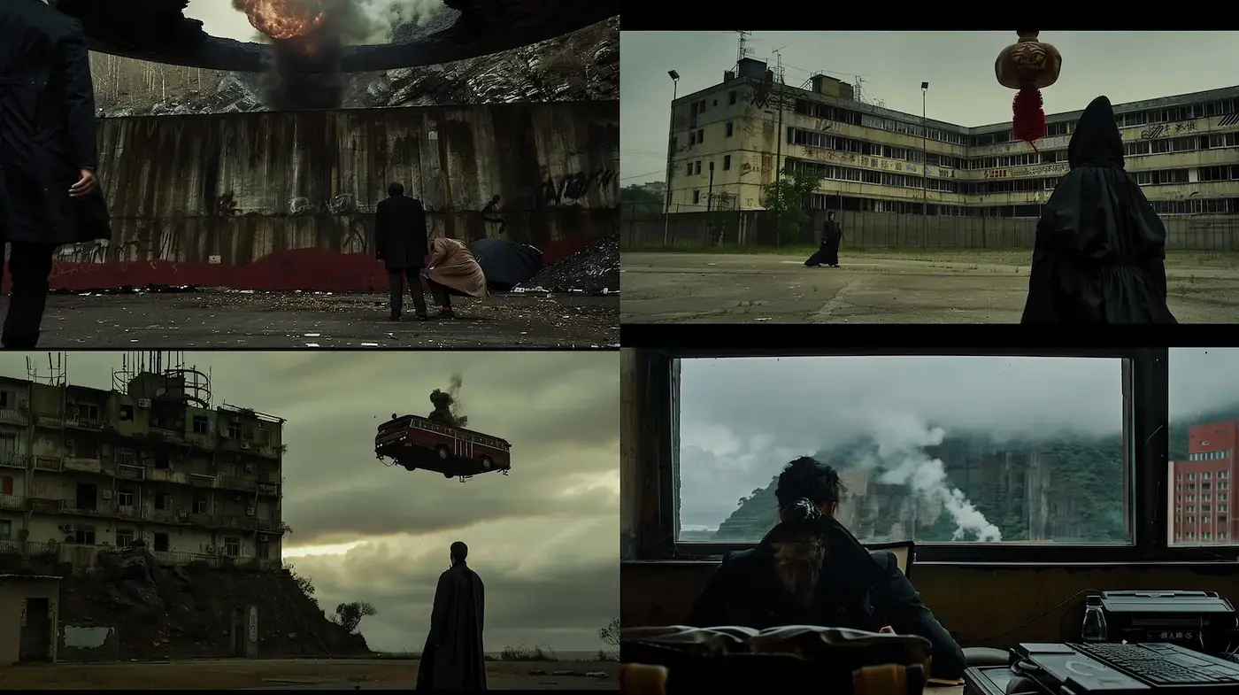 Dystopian Cinematic Landscape with Surreal Touches - Midjourney sref style