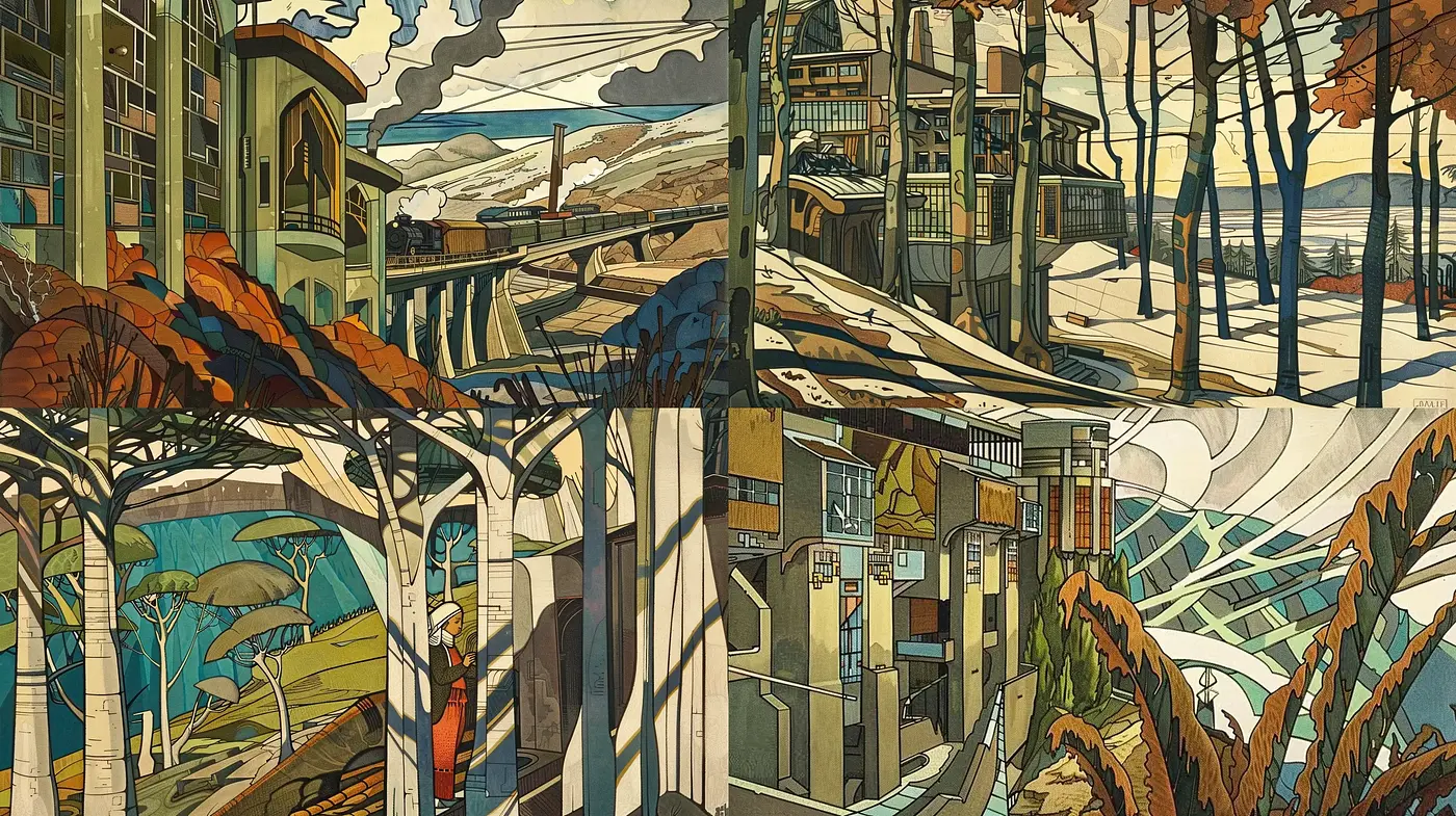 Stylized Geometric Harmony in Natural and Urban Landscapes - Midjourney sref style