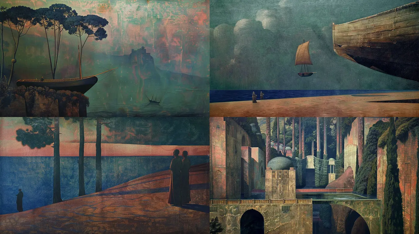 Ethereal Dreamscapes of Resonant Melancholy: A Homage to Surrealist Nostalgia - Midjourney sref style