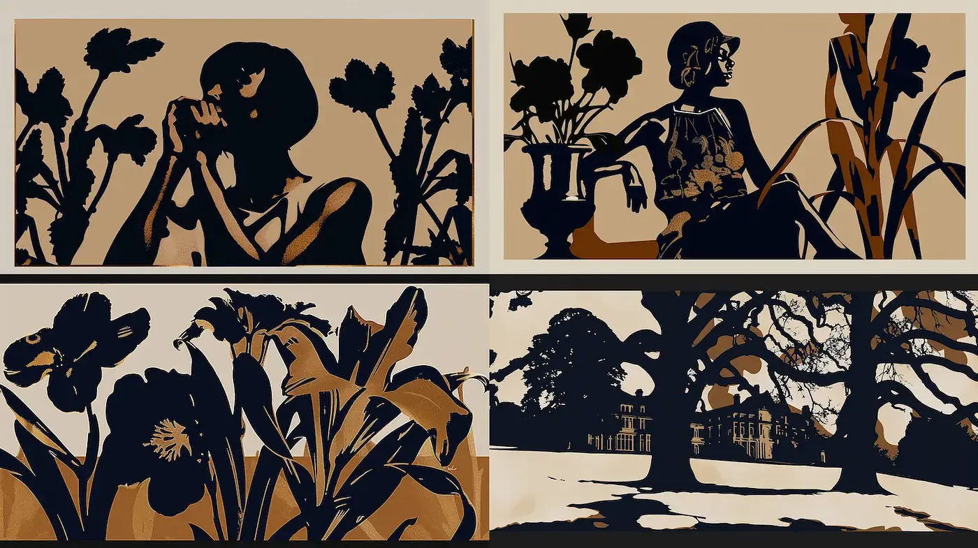 Stylized portrayal with vintage and botanical elements - Midjourney sref style