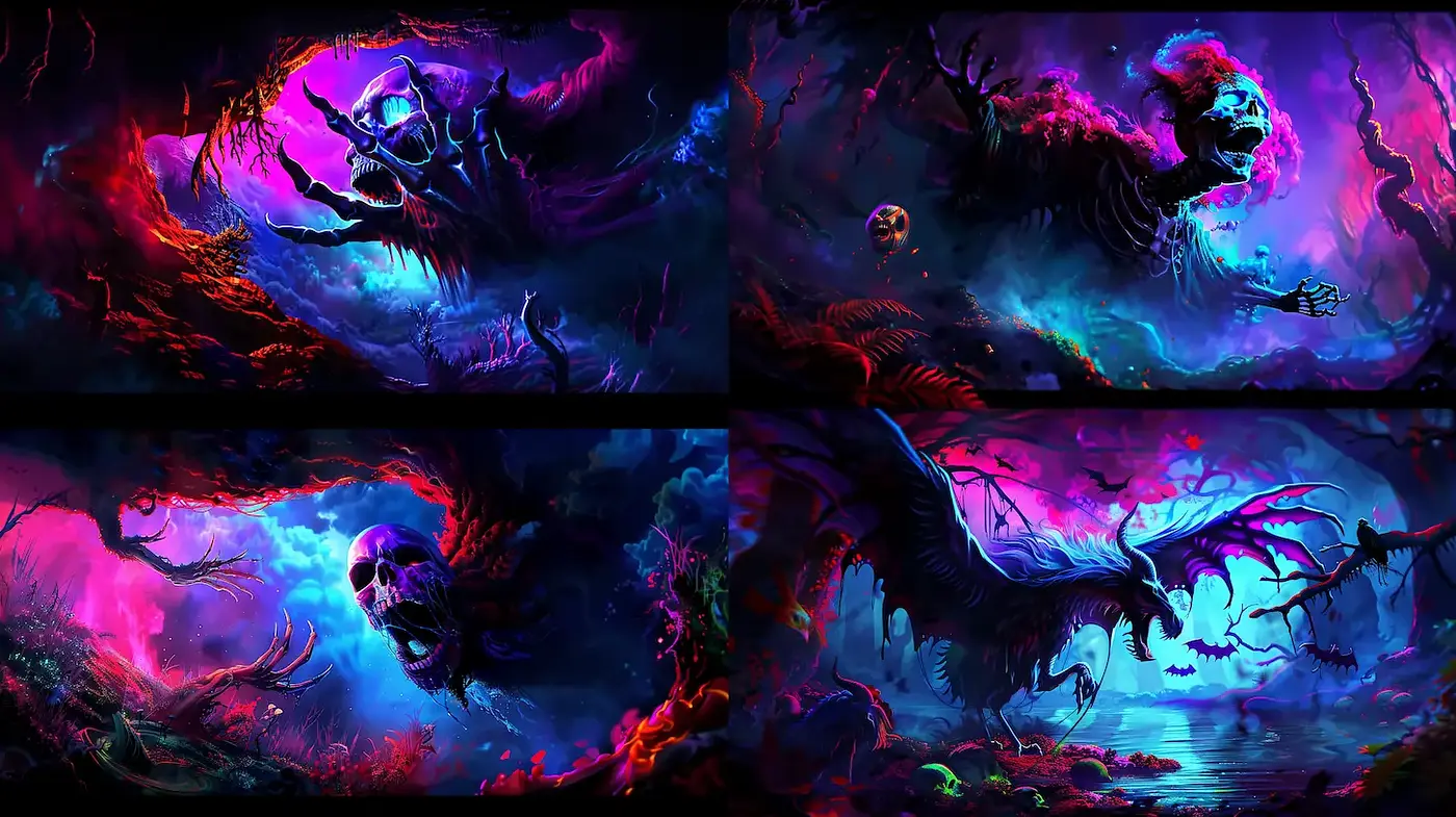 Surreal, Dark Fantasy Artwork with Ethereal Vibrancy - Midjourney sref style