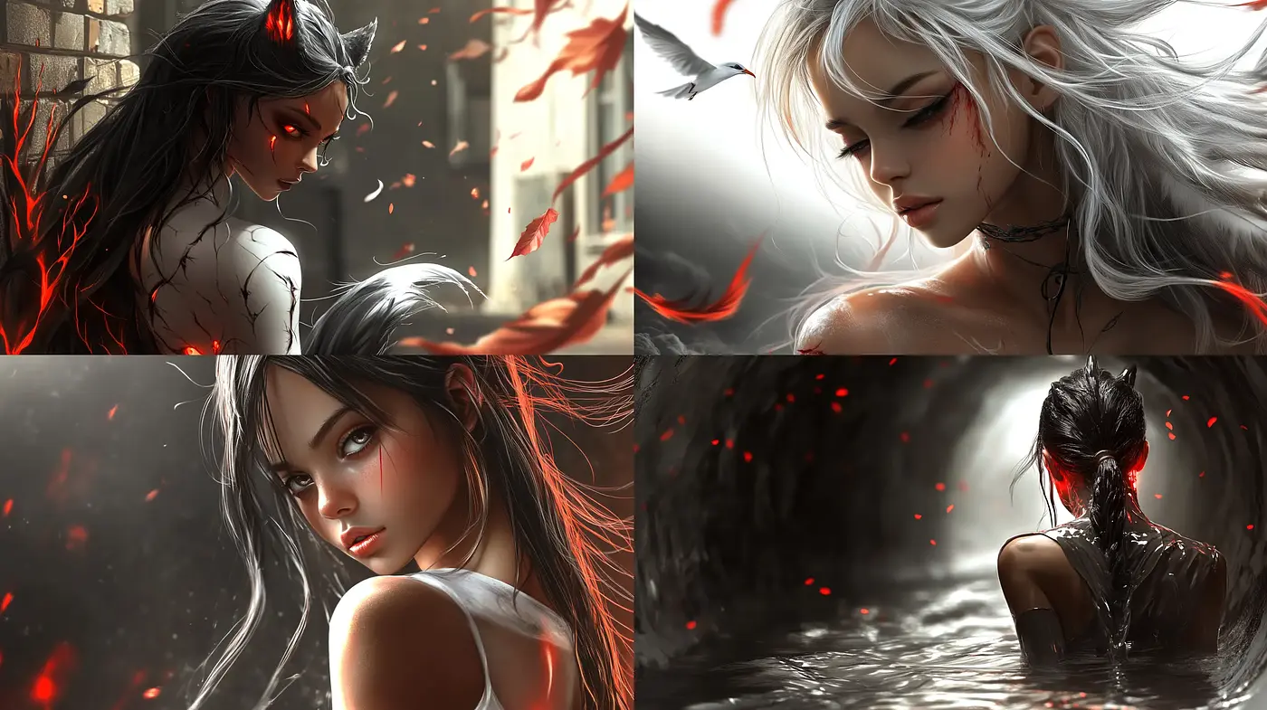Ethereal Elegance in Monochromatic Ambiance with Vivid Red Accents - Midjourney sref style
