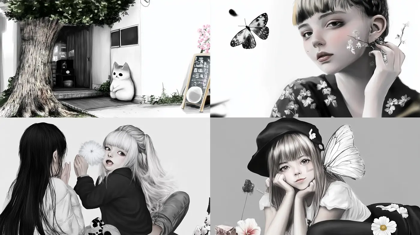 Monochromatic Elegance with a Touch of Spring - Midjourney sref style
