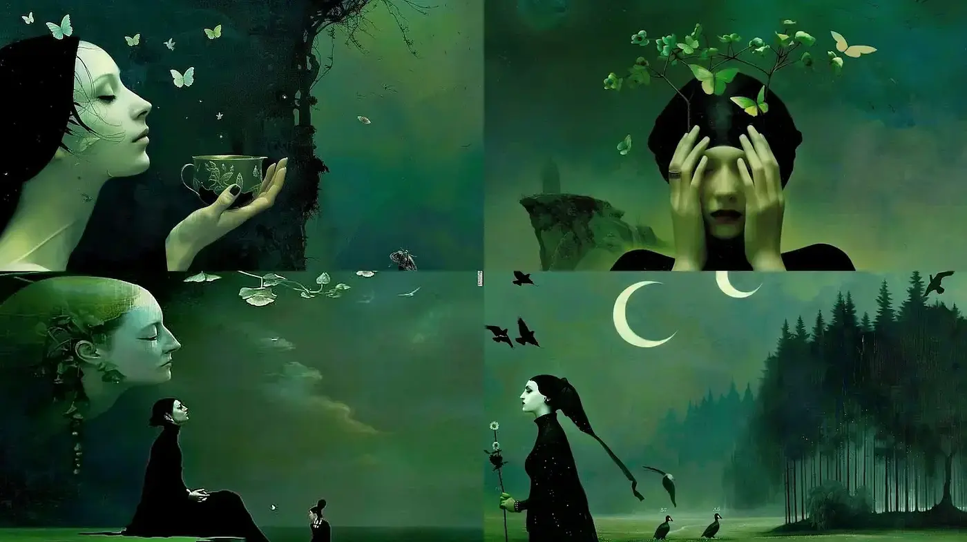 Mysterious and Ethereal Green Dreamscapes - Midjourney sref style