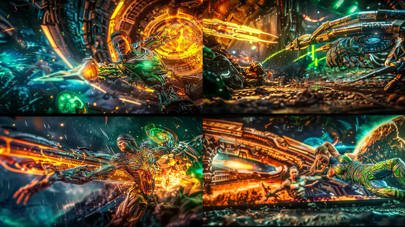 Futuristic Cybernetic Convergence with Vivid Hues - Midjourney sref style