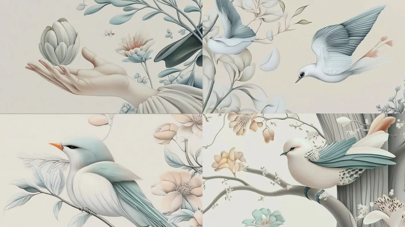 Delicate and Dreamy Nature Motifs with a Soft Palette - Midjourney sref style