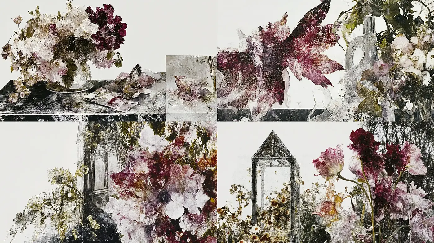 Ethereal Botanical Collage with Vintage Tones and Artisan Textures - Midjourney sref style