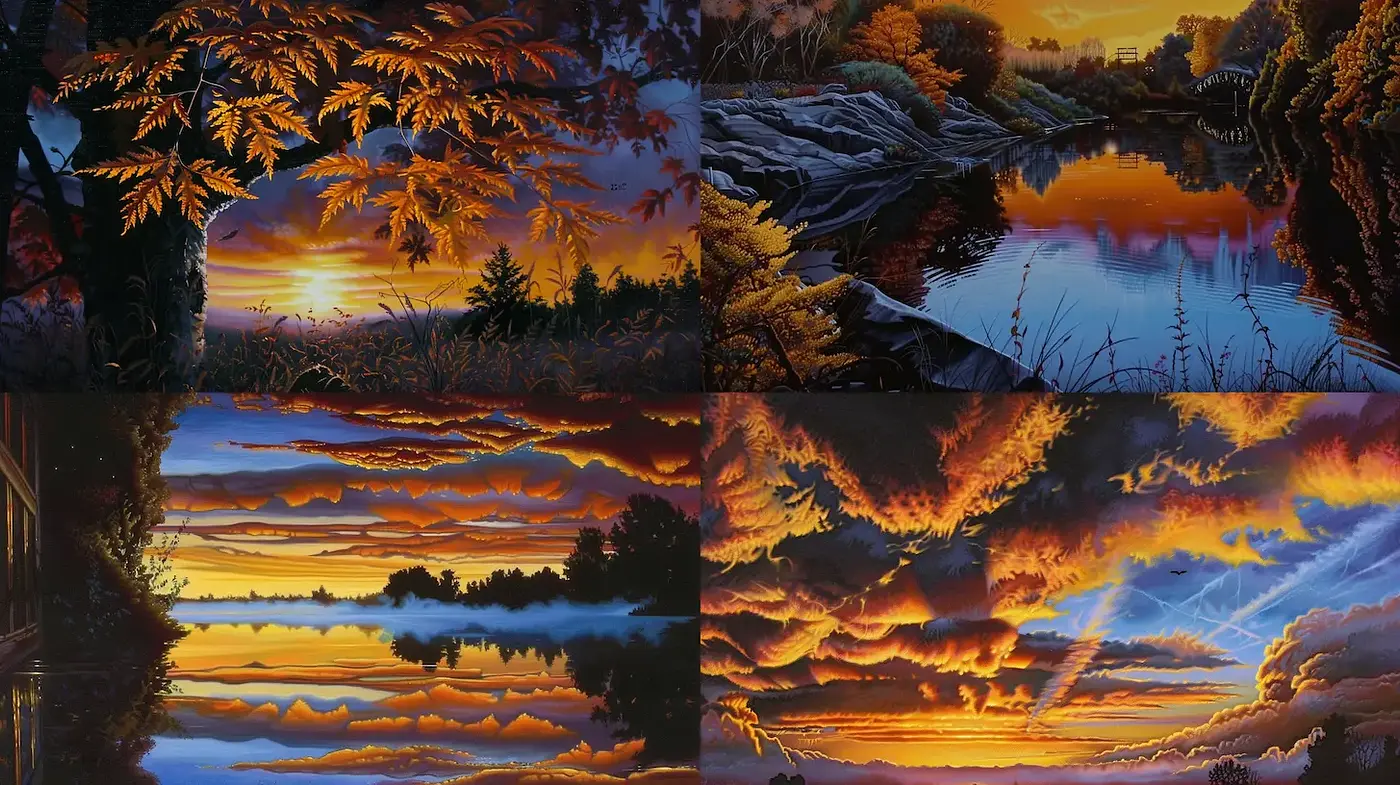 Vibrant Autumn Landscapes with Dynamic Cloud Reflections - Midjourney sref style