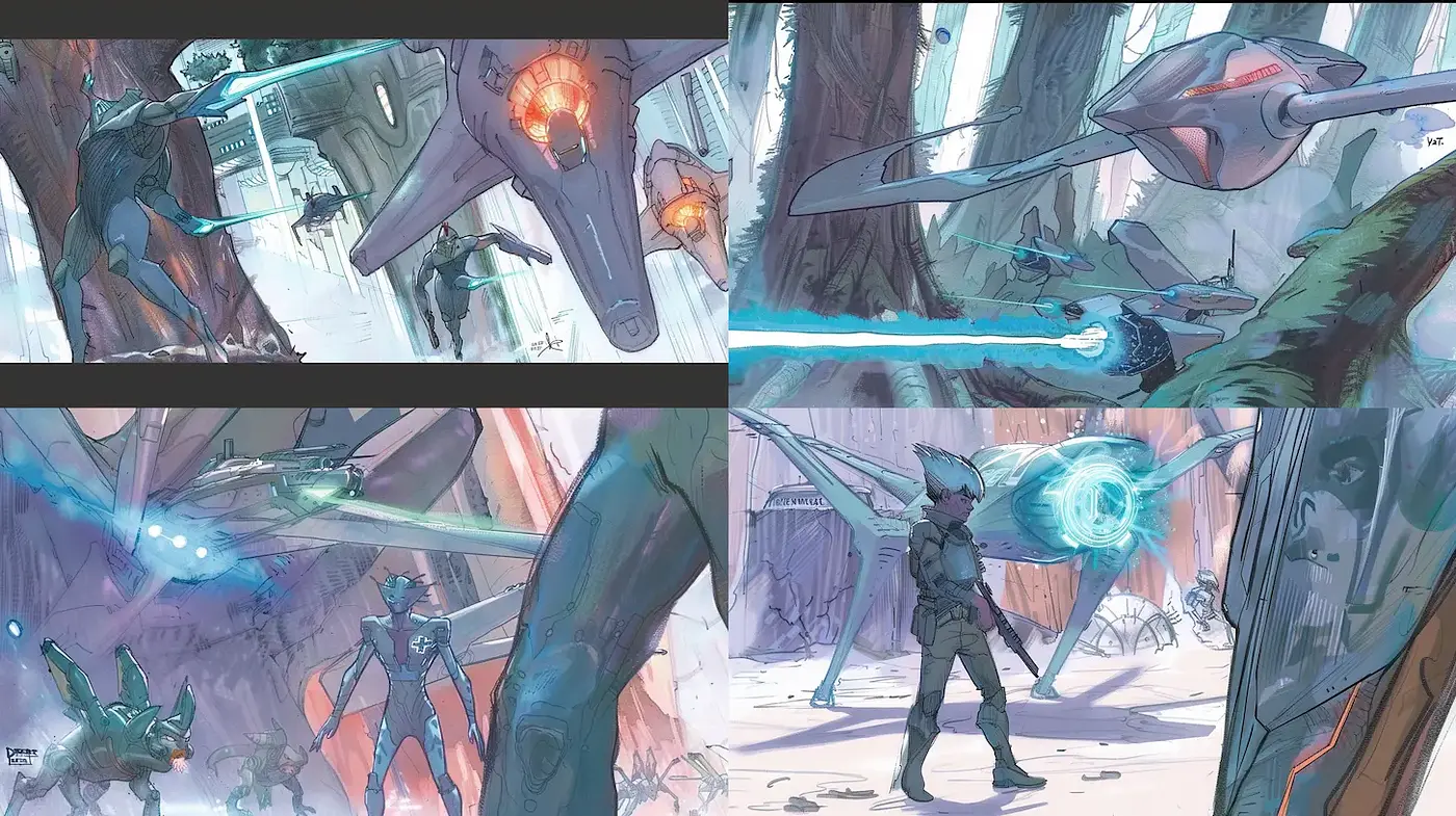 Futuristic Sci-Fi Illustration with Dynamic Action Elements - Midjourney sref style