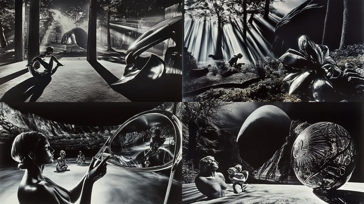 Monochrome Surreal Visions with Sculptural Elements and Nature Interplay - Midjourney sref style