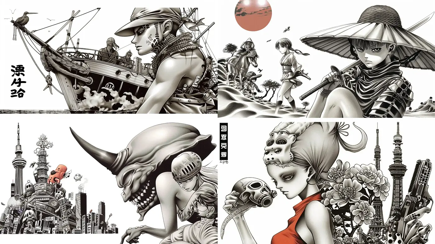 Monochromatic Edo-Era Fantasy with Surrealist Overtones - Midjourney sref style