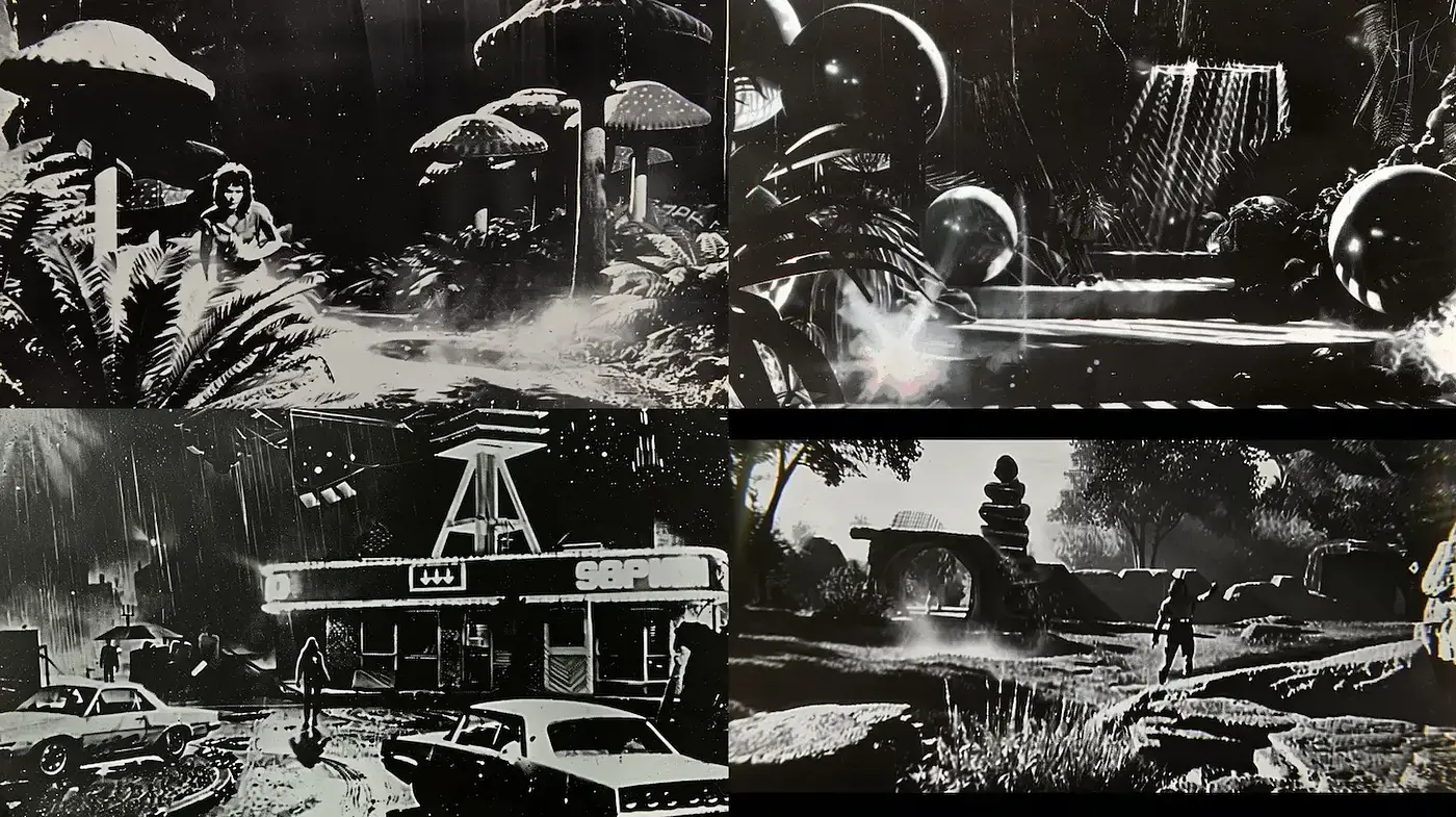 Surreal Noir Landscapes with Retro Futuristic Elements - Midjourney sref style