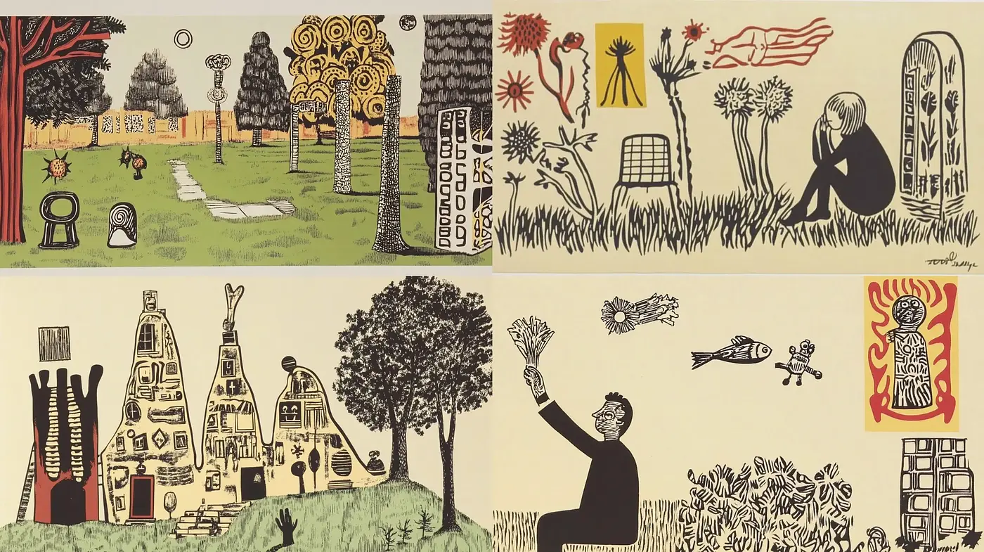 Whimsical Folk Narrative: A Tapestry of Simplified Forms - Midjourney sref style