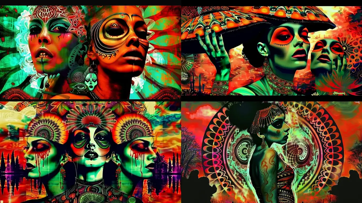 Vibrant and Intricate Cultural Fusion with Psychedelic Elements - Midjourney sref style
