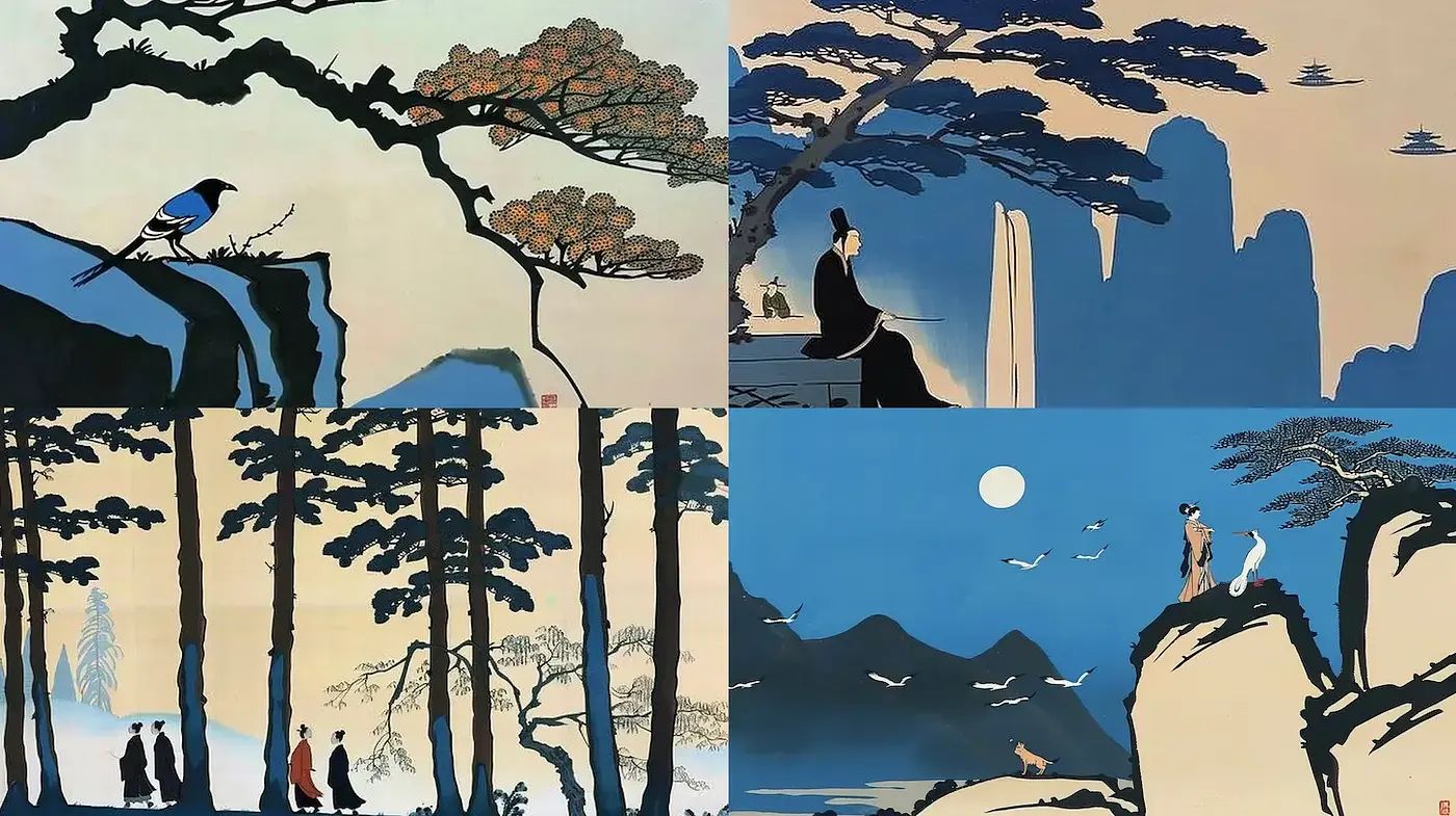 Serene and Harmonious Depiction of Nature Inspired by Traditional Eastern Art - Midjourney sref style