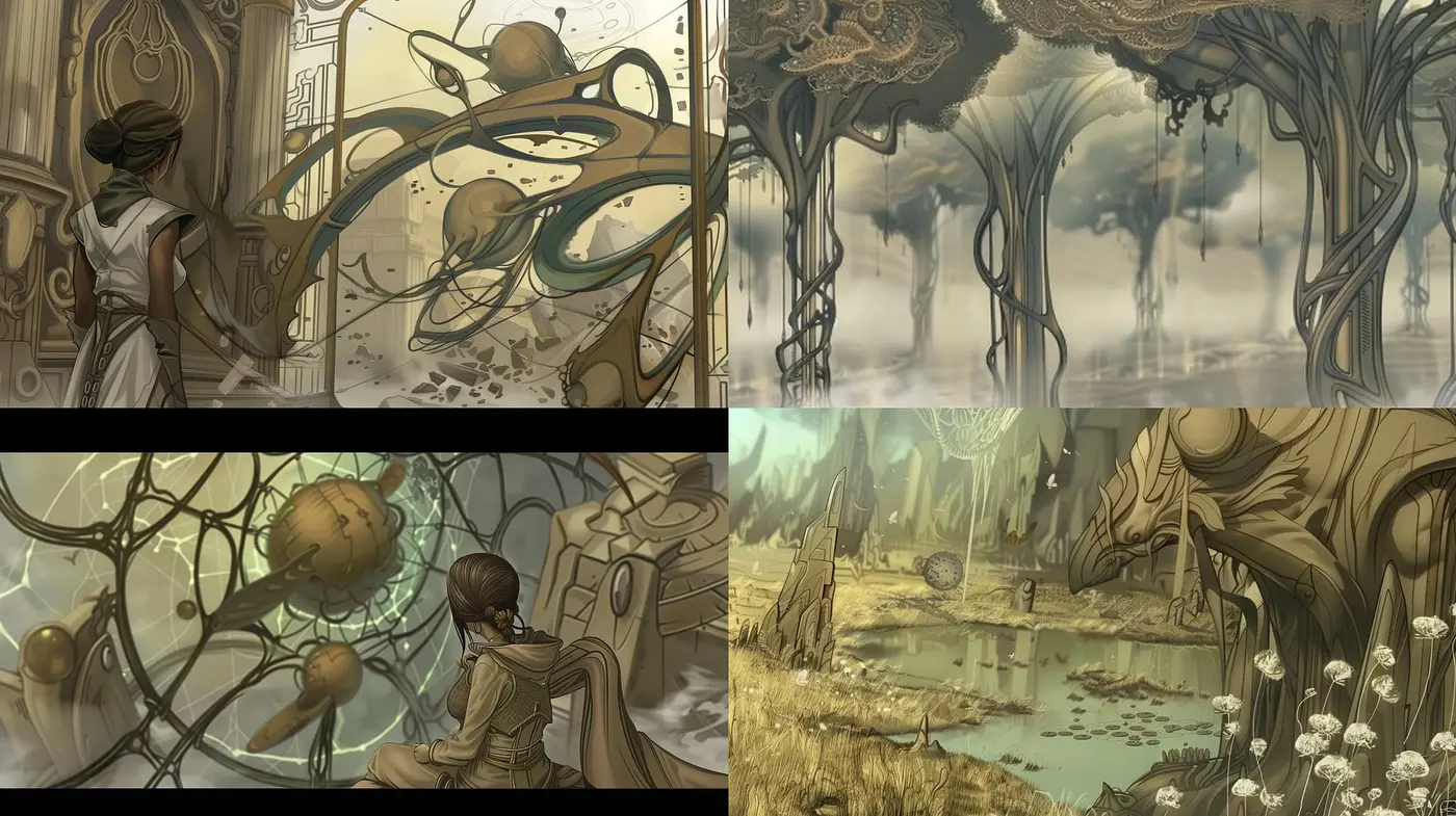 Ethereal Sepia-Toned Dreamscape: A Consistent Exploration of Surreal Otherworldliness and Organic Textures - Midjourney sref style