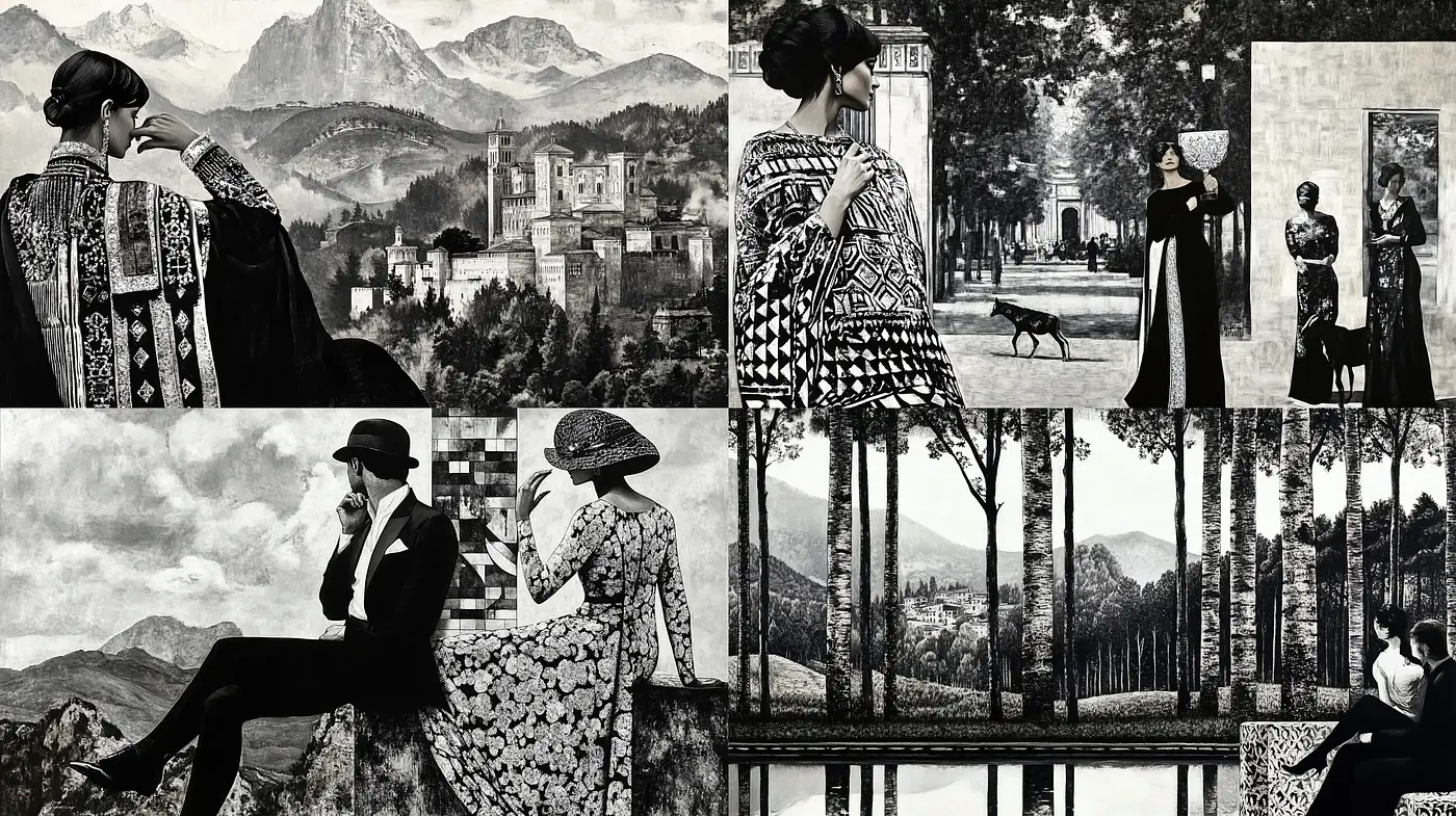 Timeless Elegance in Monochromatic Tableaus - Midjourney sref style