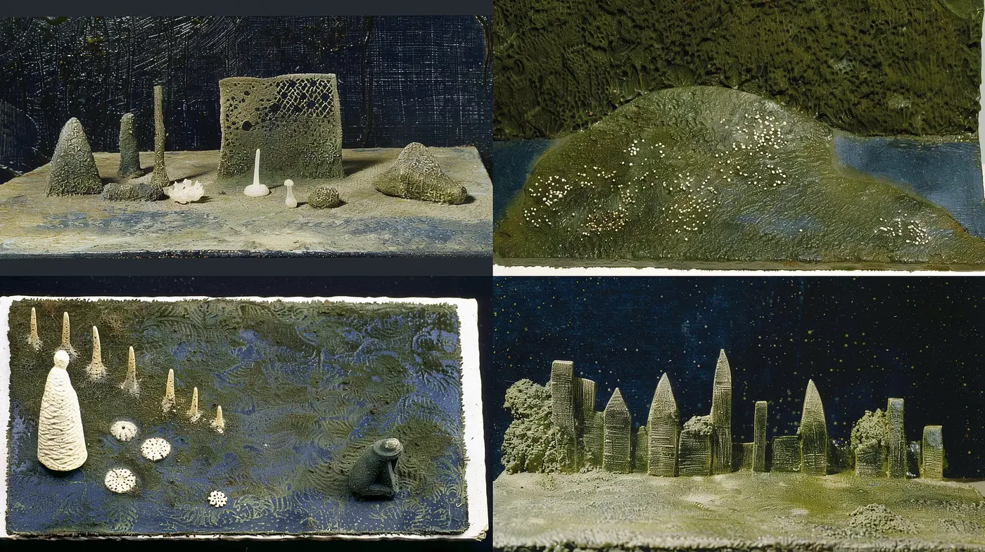 Ethereal Nocturnal Landscapes with Textured Vistas - Midjourney sref style