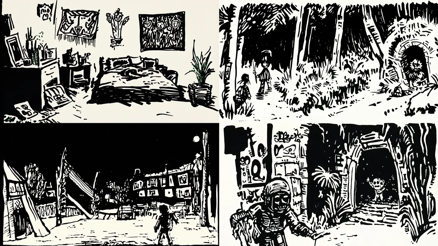Monochrome Ink Illustration Ensemble - Midjourney sref style