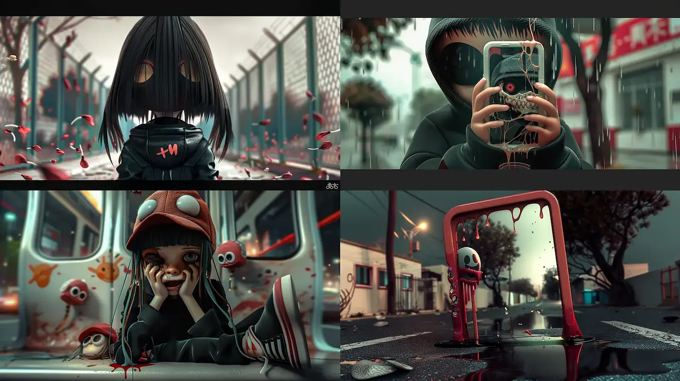 Eerie and Playful Fusion of Urban Elements with a Surreal Aesthetic - Midjourney sref style