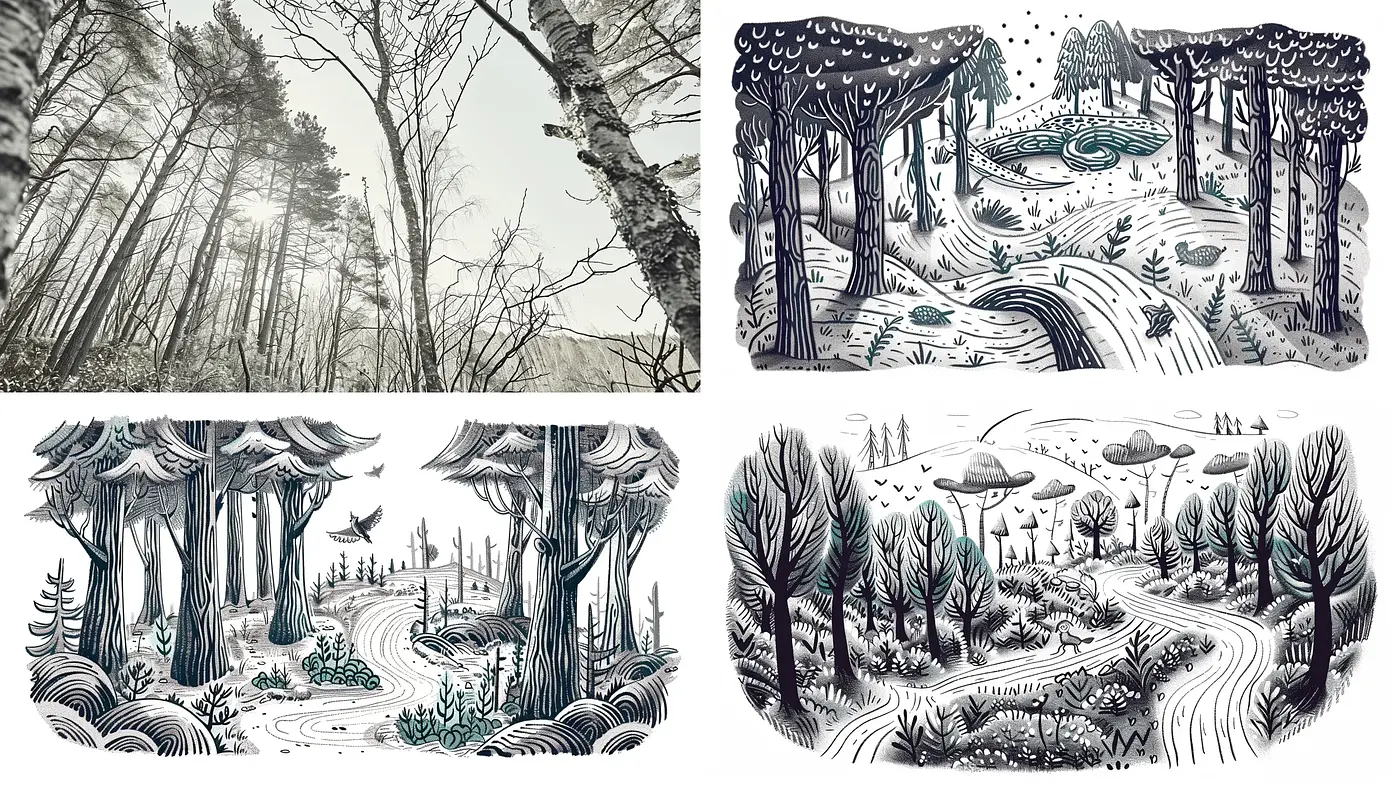 Monochromatic Enchanted Forests in Pen and Ink Style - Midjourney sref style