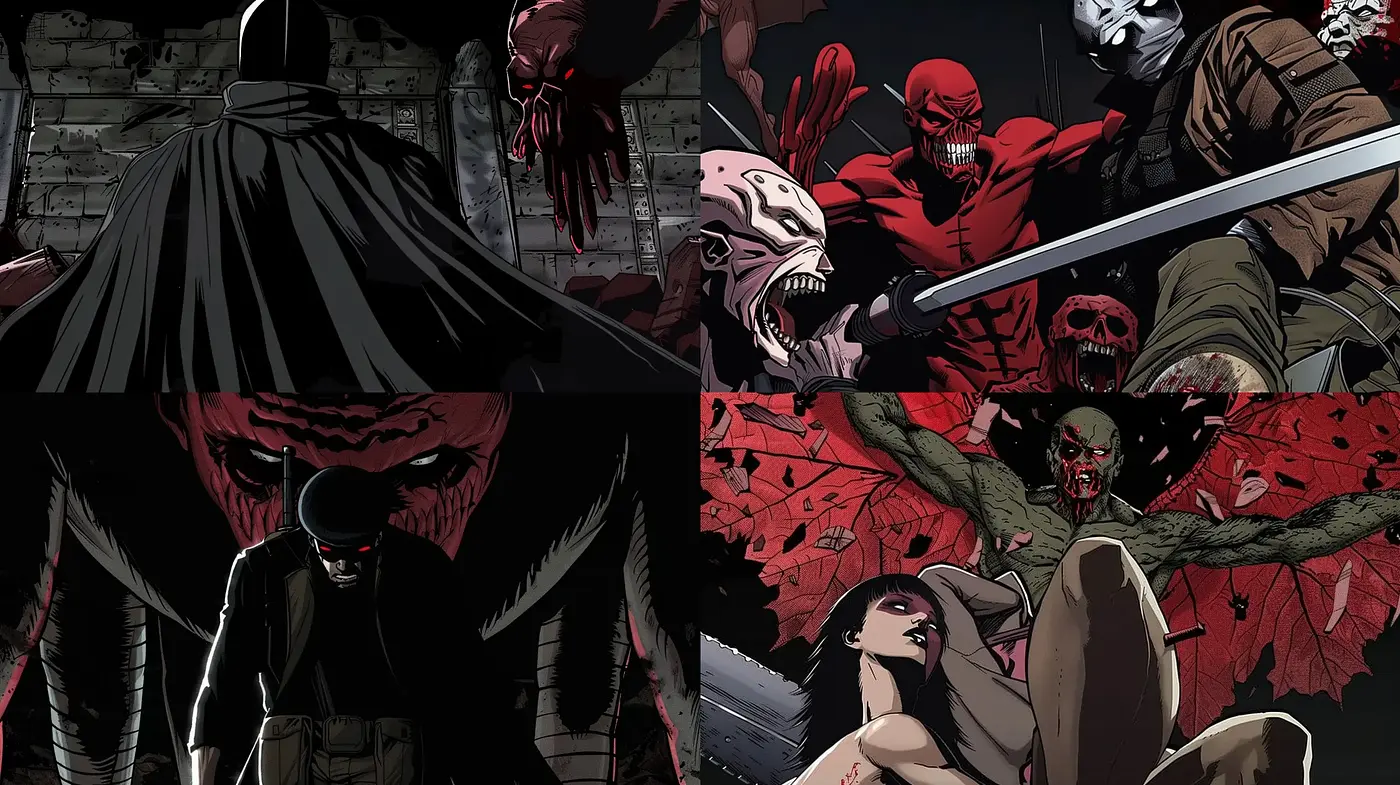 Gothic Noir Vigilance: A Dance with Shadows and Crimson - Midjourney sref style