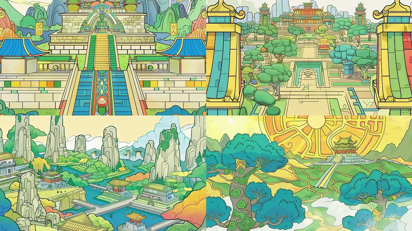 Vibrant and Whimsical Landscape Illustrations with a Harmonious Blend of Elements - Midjourney sref style