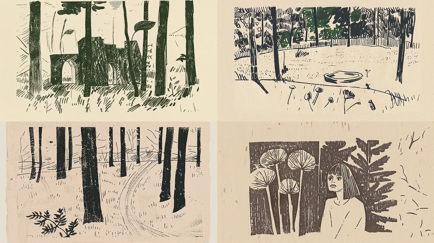 Harmonized Woodland Impressions in Monochrome - Midjourney sref style